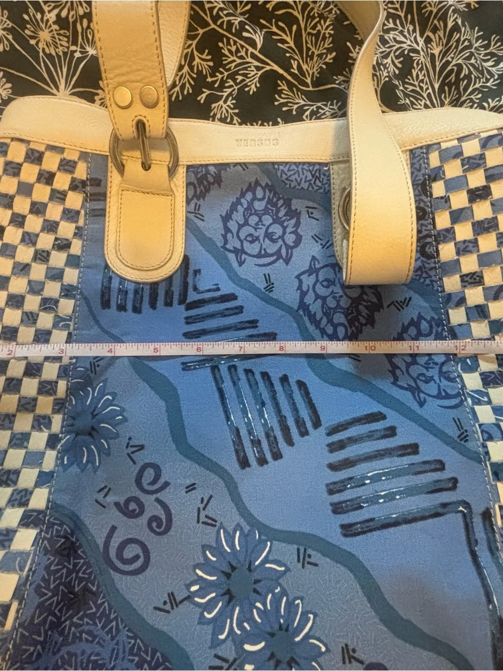 Versus By Versace Blue Patterned Shoulder Tote with Cream Straps